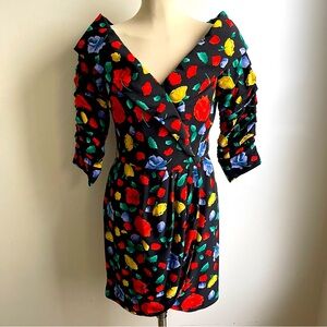 Vintage 80s Arnold Scaasi Boutique Couture Silk Floral Ruched Party Dress 12